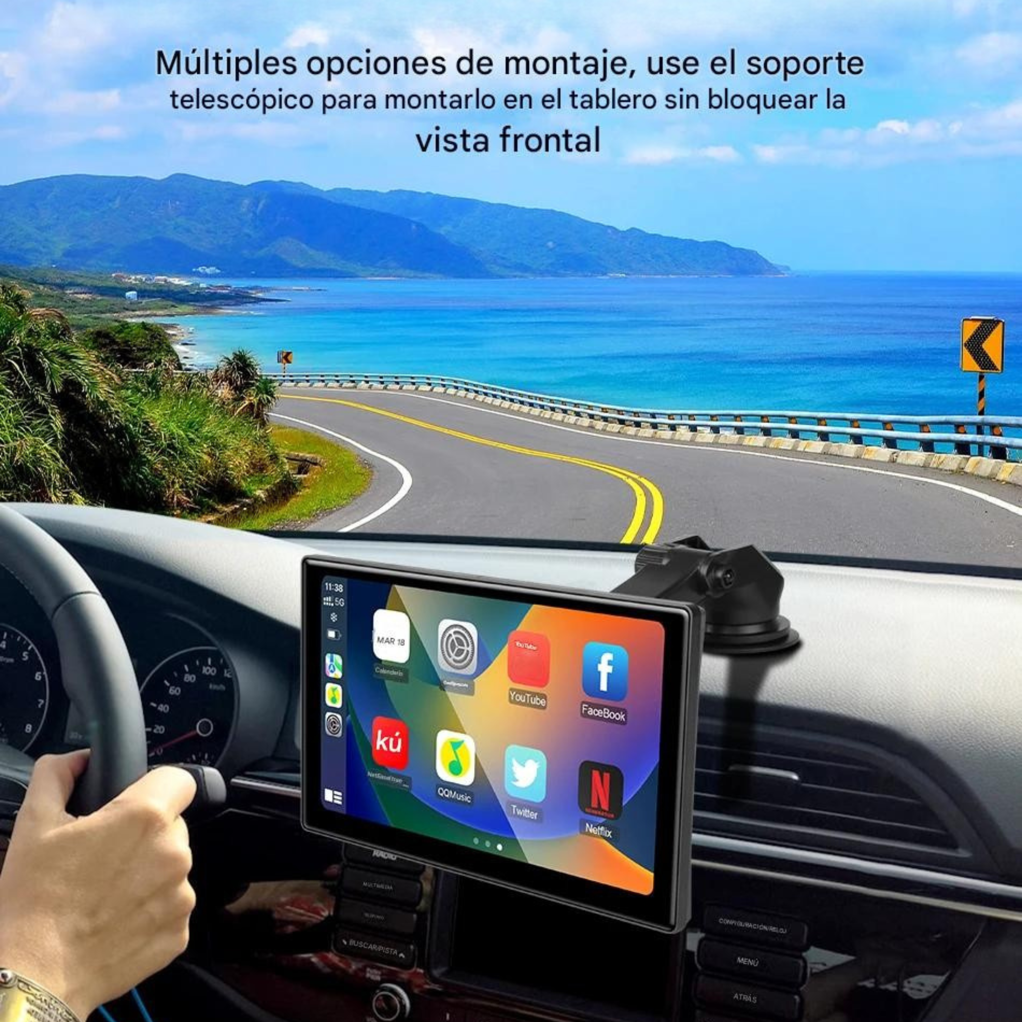 Pantalla CarPlay Android Auto 7 y 10 Pulgadas para Coche — Wireless, Doble Bluetooth, Ventosa 360°