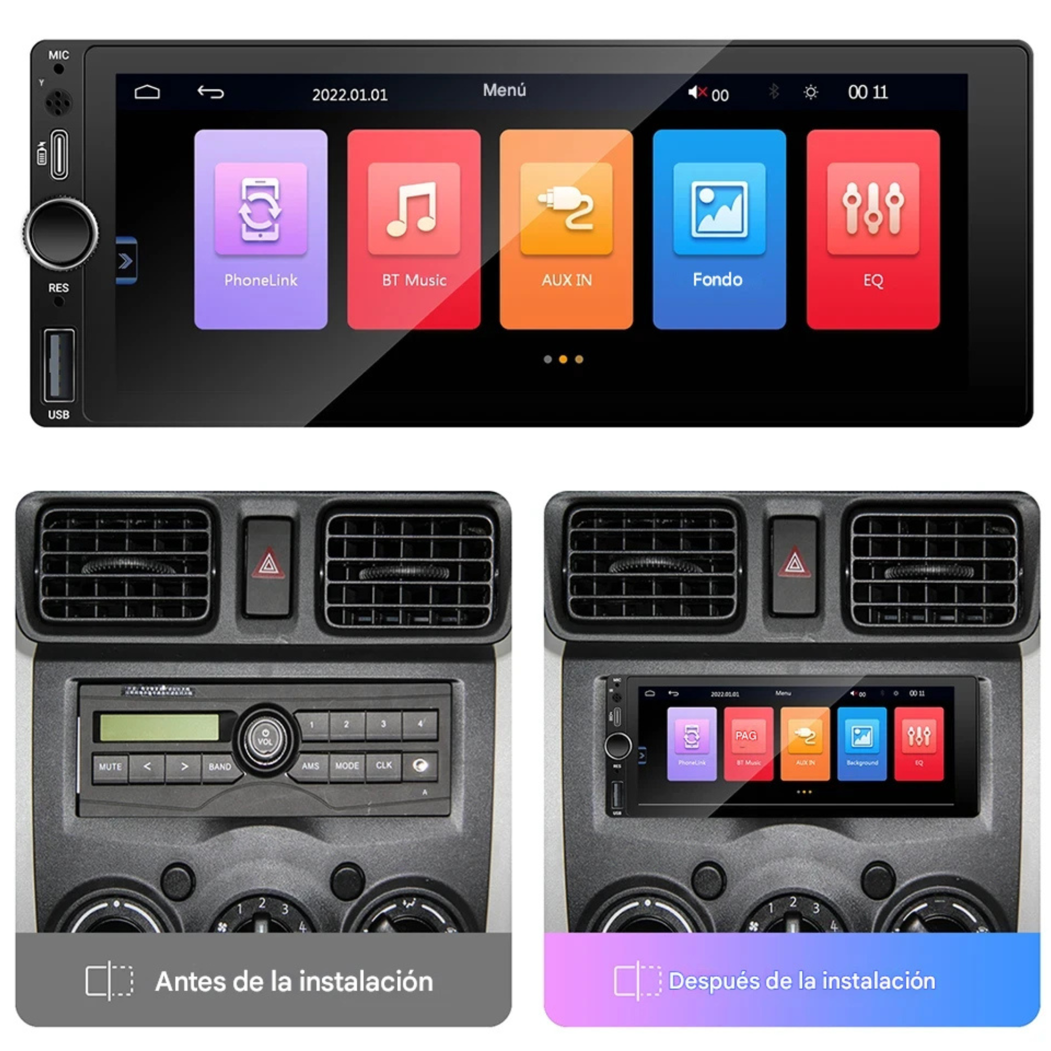 Autoradio 1 DIN CarPlay y Android Auto — Pantalla Táctil 6.86" Wireless y Cable Universal