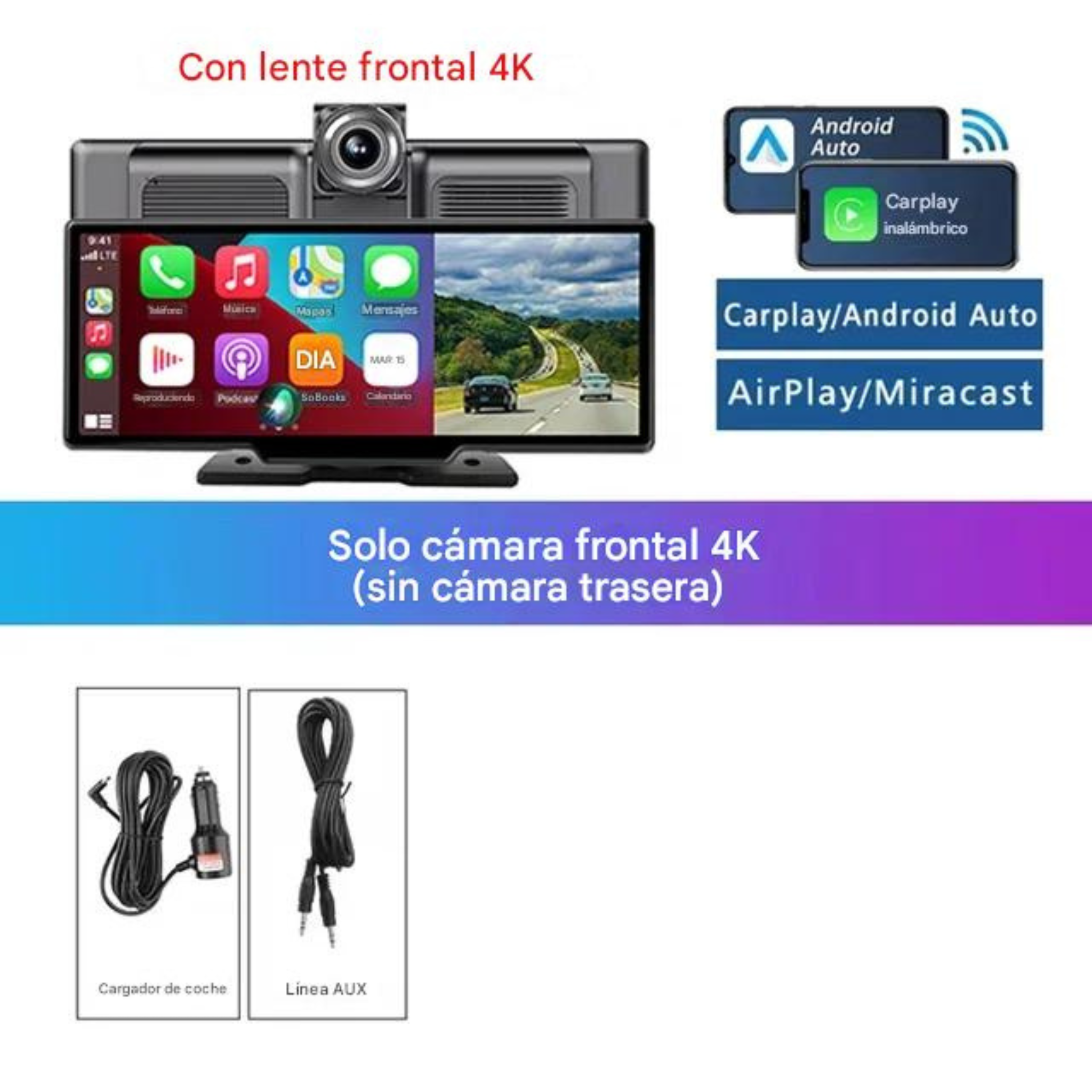 Pantalla CarPlay Android Auto 10,26" Coche con Dashcam 4K Wireless Bluetooth 5.0