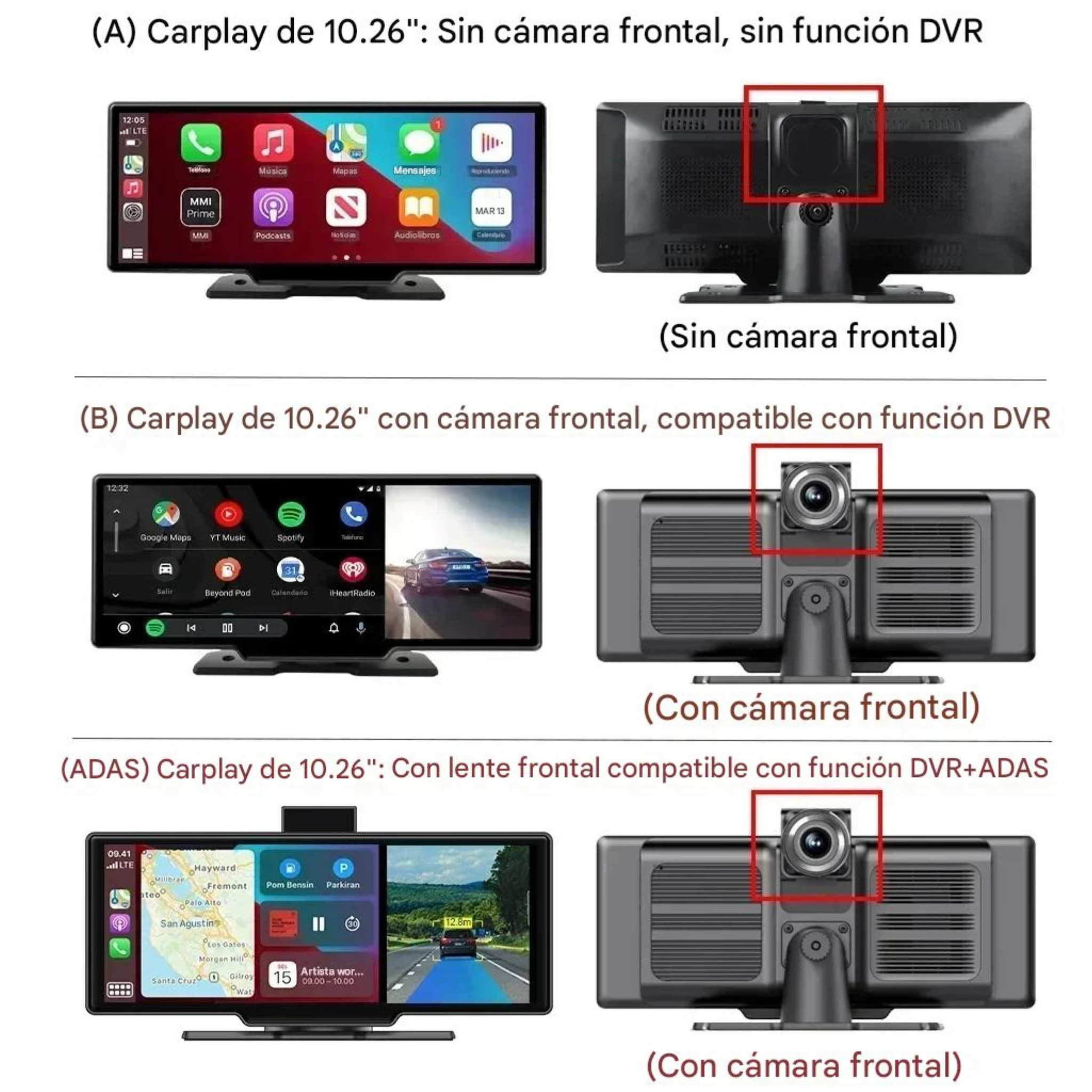 Pantalla CarPlay Android Auto 10,26" Coche con Dashcam 4K Wireless Bluetooth 5.0