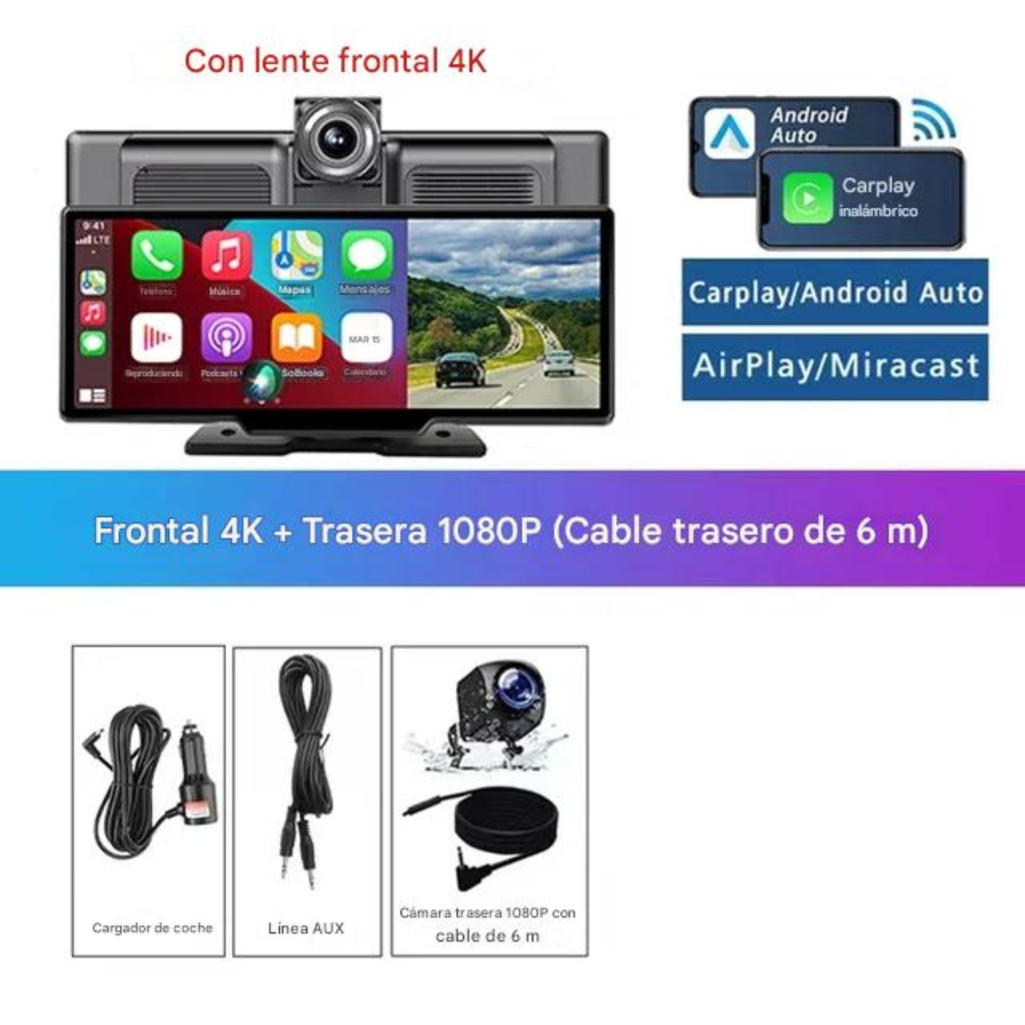 Pantalla CarPlay Android Auto 10,26" Coche con Dashcam 4K Wireless Bluetooth 5.0