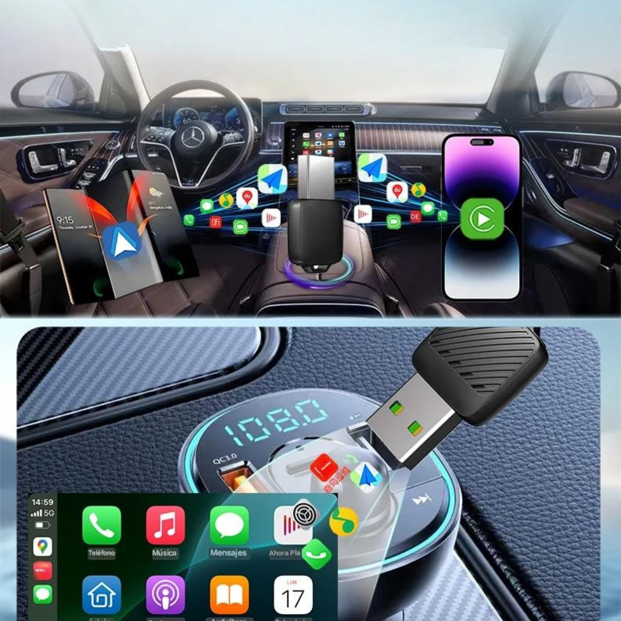 ConnectDrive Adaptador Inalámbrico 2 en 1 CarPlay y Android Auto Wireless Bluetooth 5.0 USB