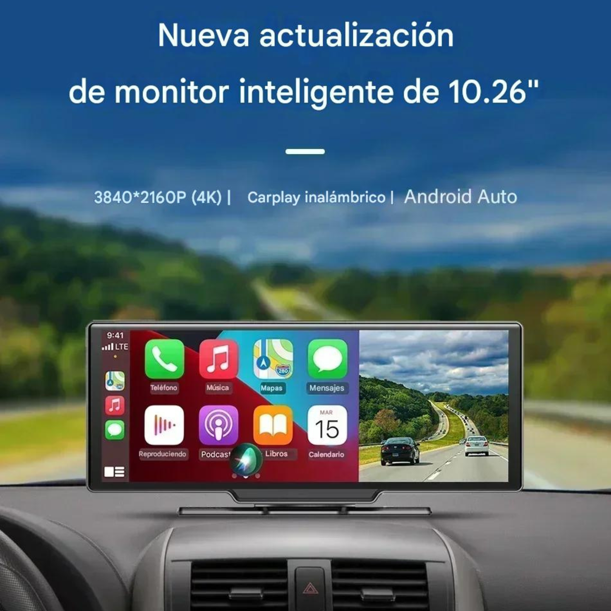 Pantalla CarPlay Android Auto 10,26" Coche con Dashcam 4K Wireless Bluetooth 5.0