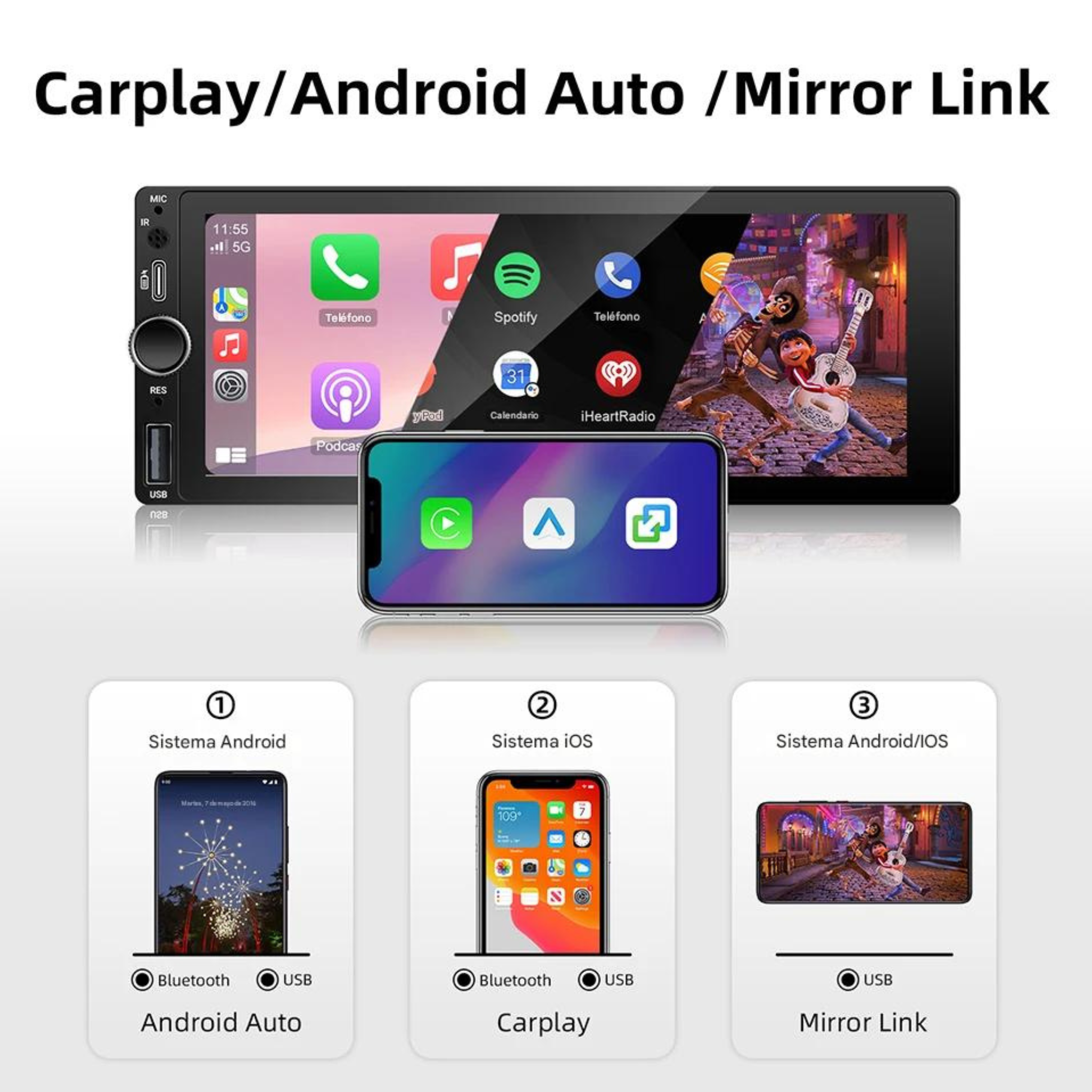 Autoradio 1 DIN CarPlay y Android Auto — Pantalla Táctil 6.86" Wireless y Cable Universal