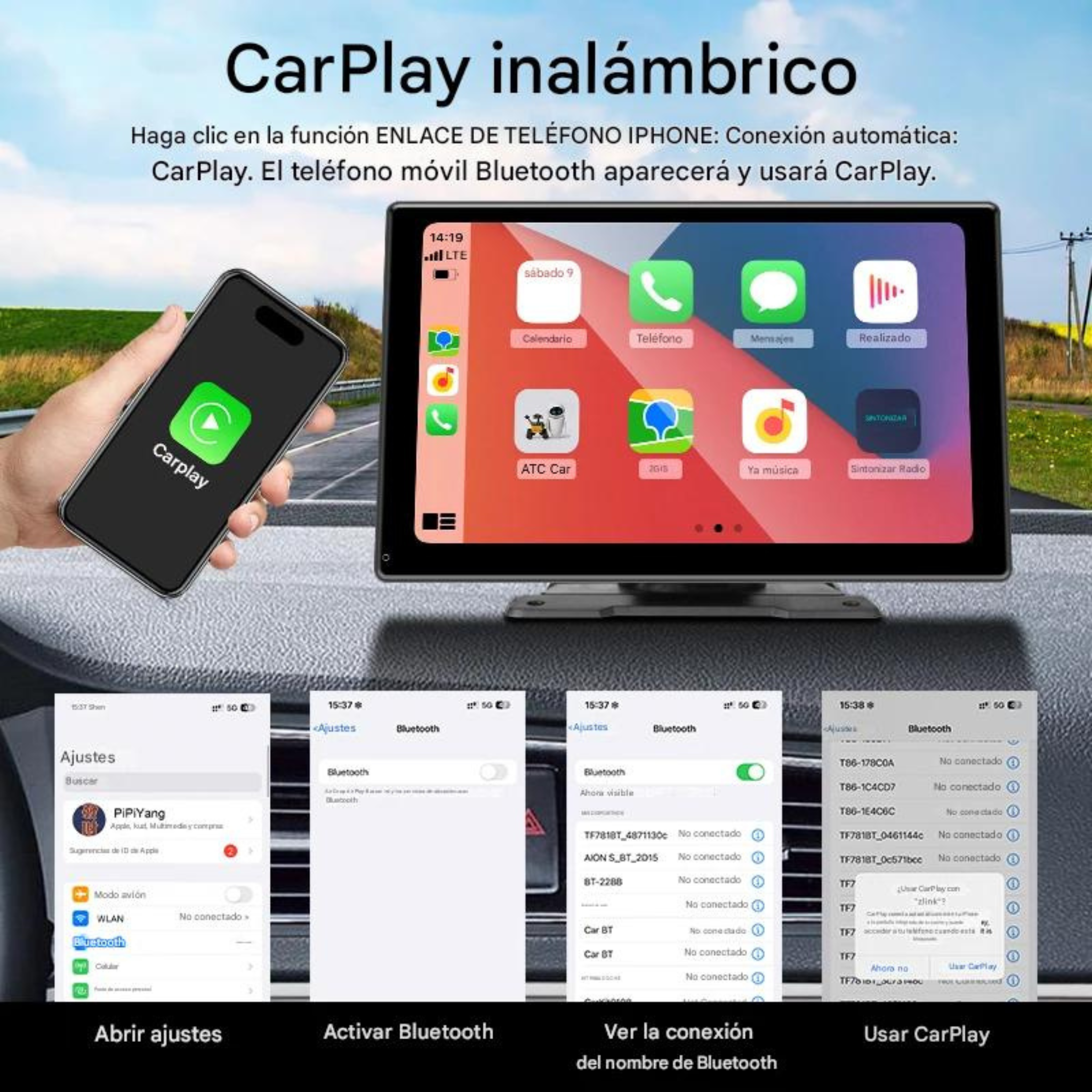 Pantalla CarPlay Android Auto 7 y 10 Pulgadas para Coche — Wireless, Doble Bluetooth, Ventosa 360°