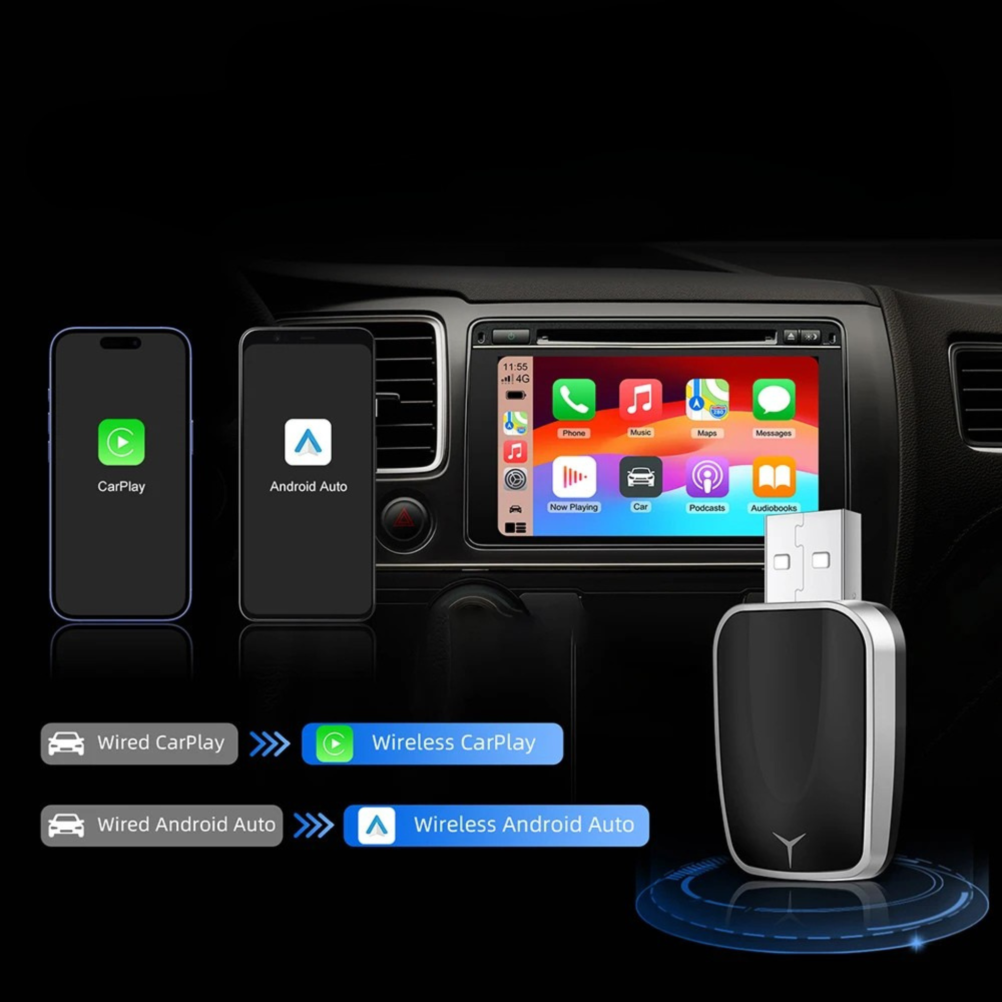 ConnectDrive Adaptador Inalámbrico 2 en 1 CarPlay y Android Auto Wireless Bluetooth 5.0 USB