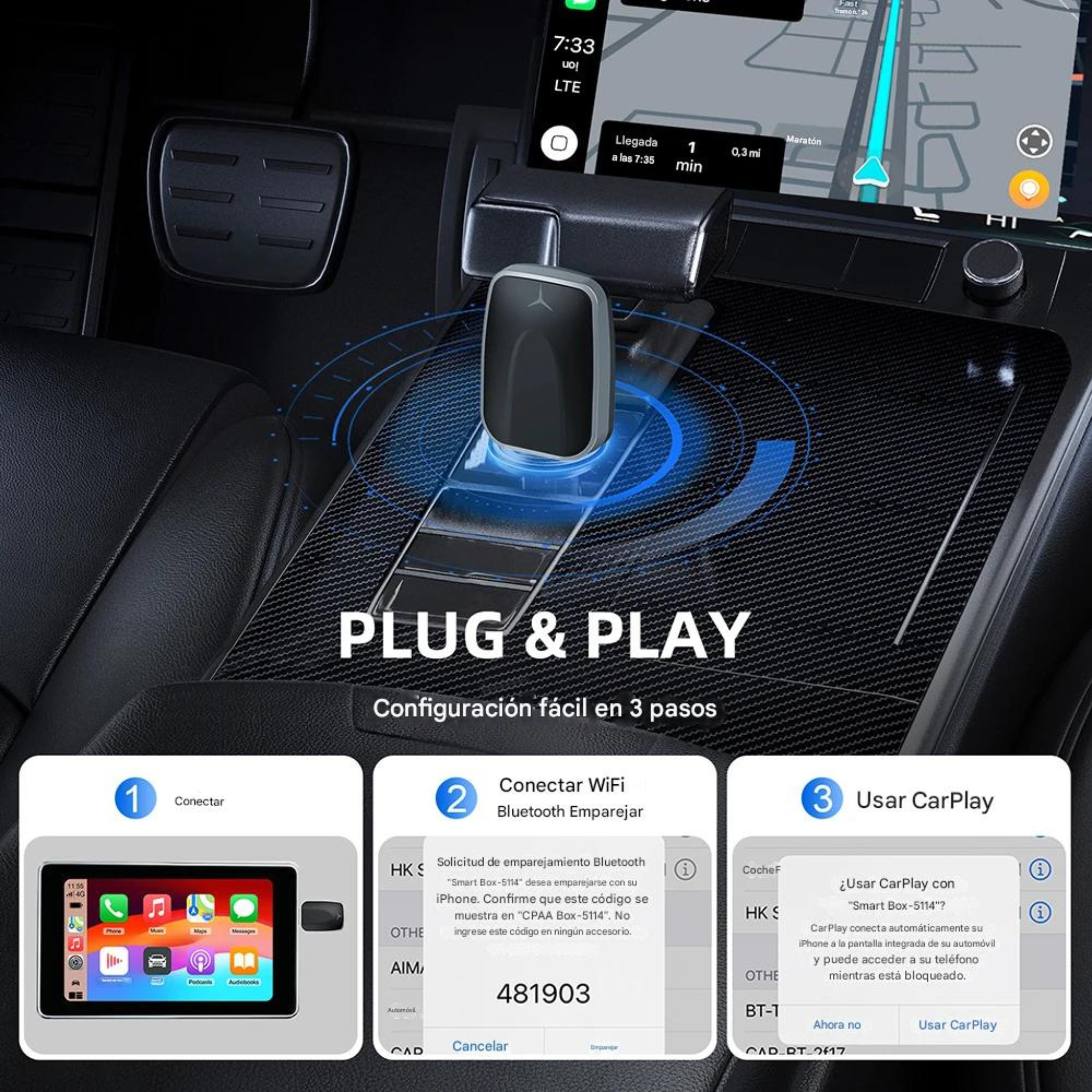 ConnectDrive Adaptador Inalámbrico 2 en 1 CarPlay y Android Auto Wireless Bluetooth 5.0 USB