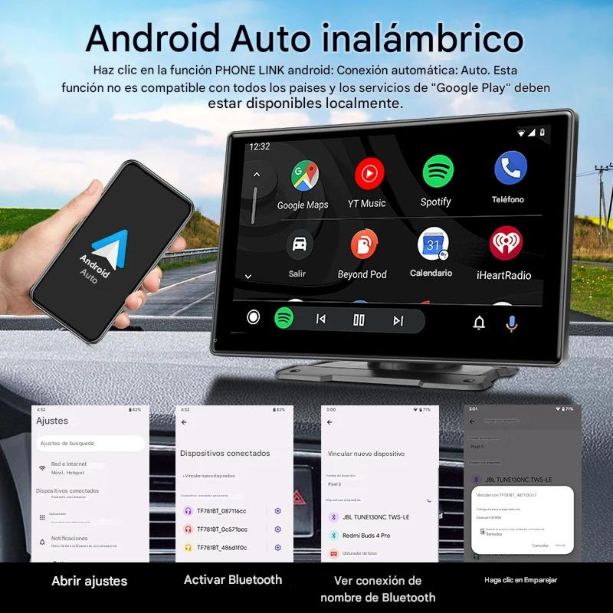 Pantalla CarPlay Android Auto 7 y 10 Pulgadas para Coche — Wireless, Doble Bluetooth, Ventosa 360°