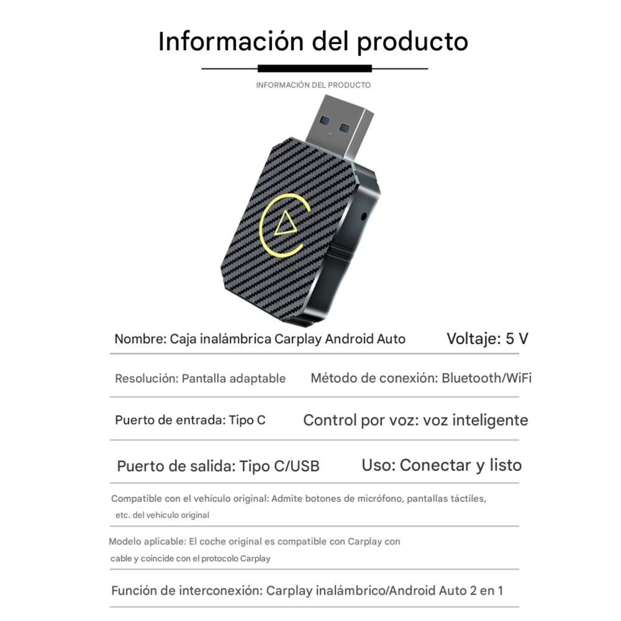 ConnectDrive Adaptador inalámbrico 2 en 1 compatible con CarPlay y Android Auto Bluetooth 5.0 USB