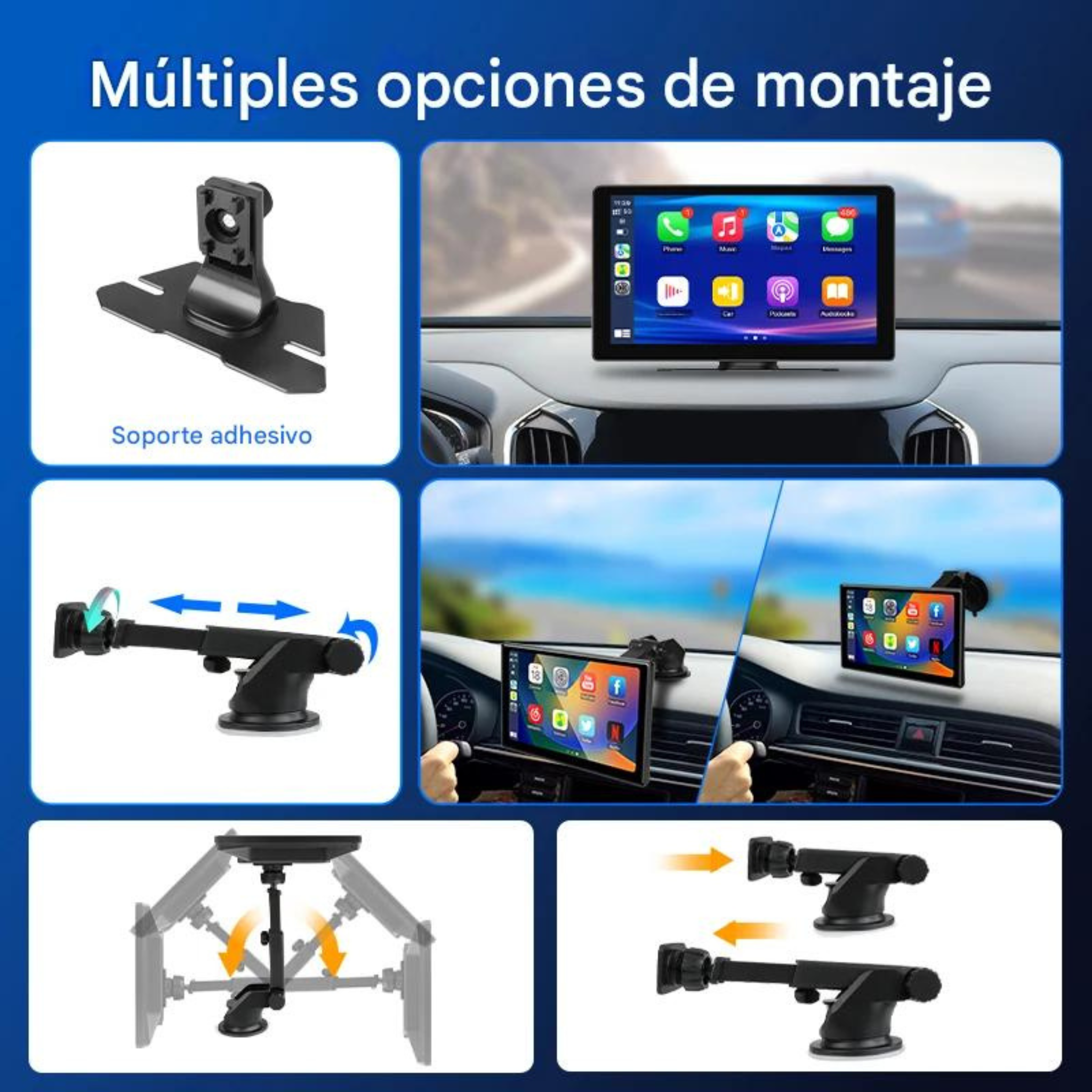 Pantalla CarPlay Android Auto 7 y 10 Pulgadas para Coche — Wireless, Doble Bluetooth, Ventosa 360°
