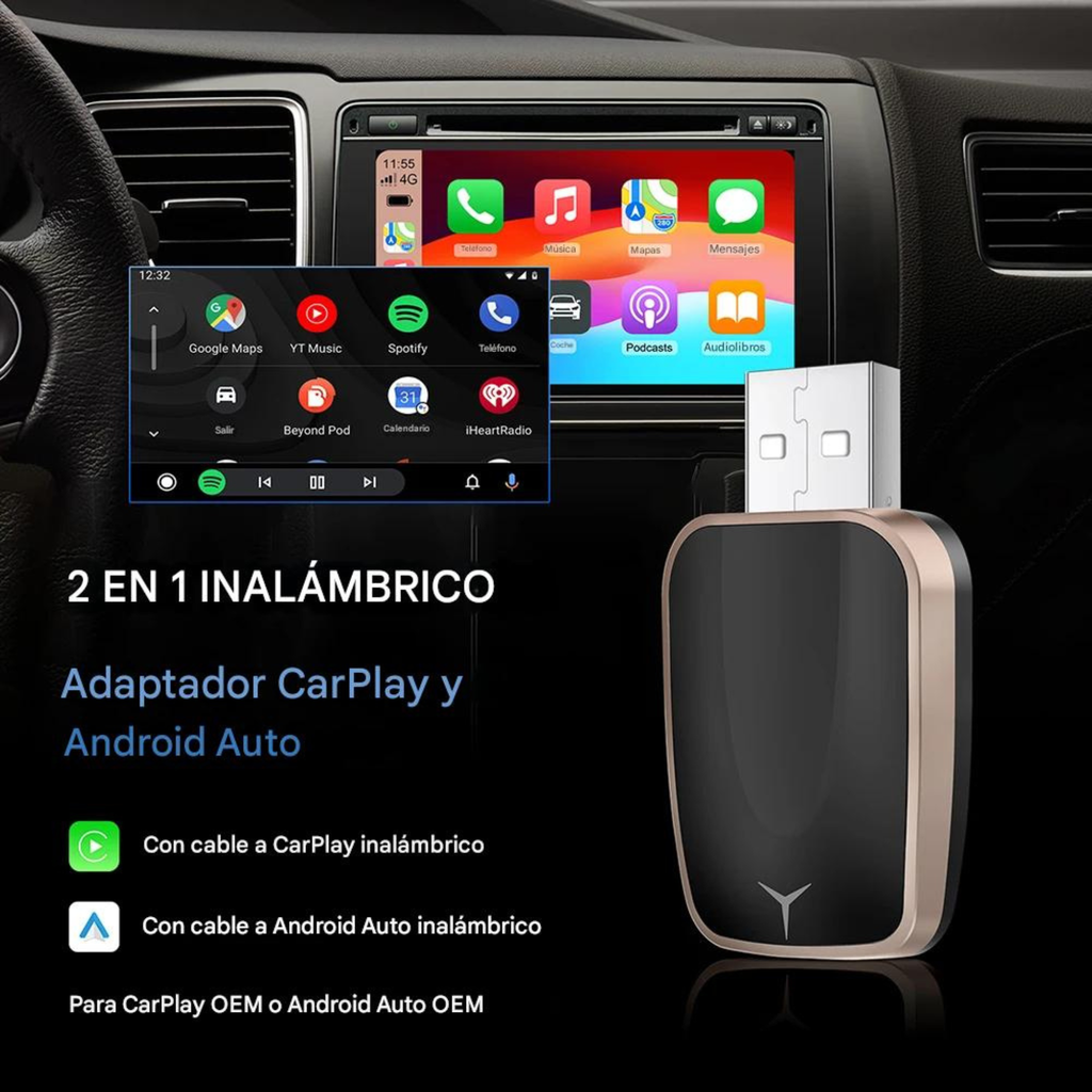 ConnectDrive Adaptador Inalámbrico 2 en 1 CarPlay y Android Auto Wireless Bluetooth 5.0 USB