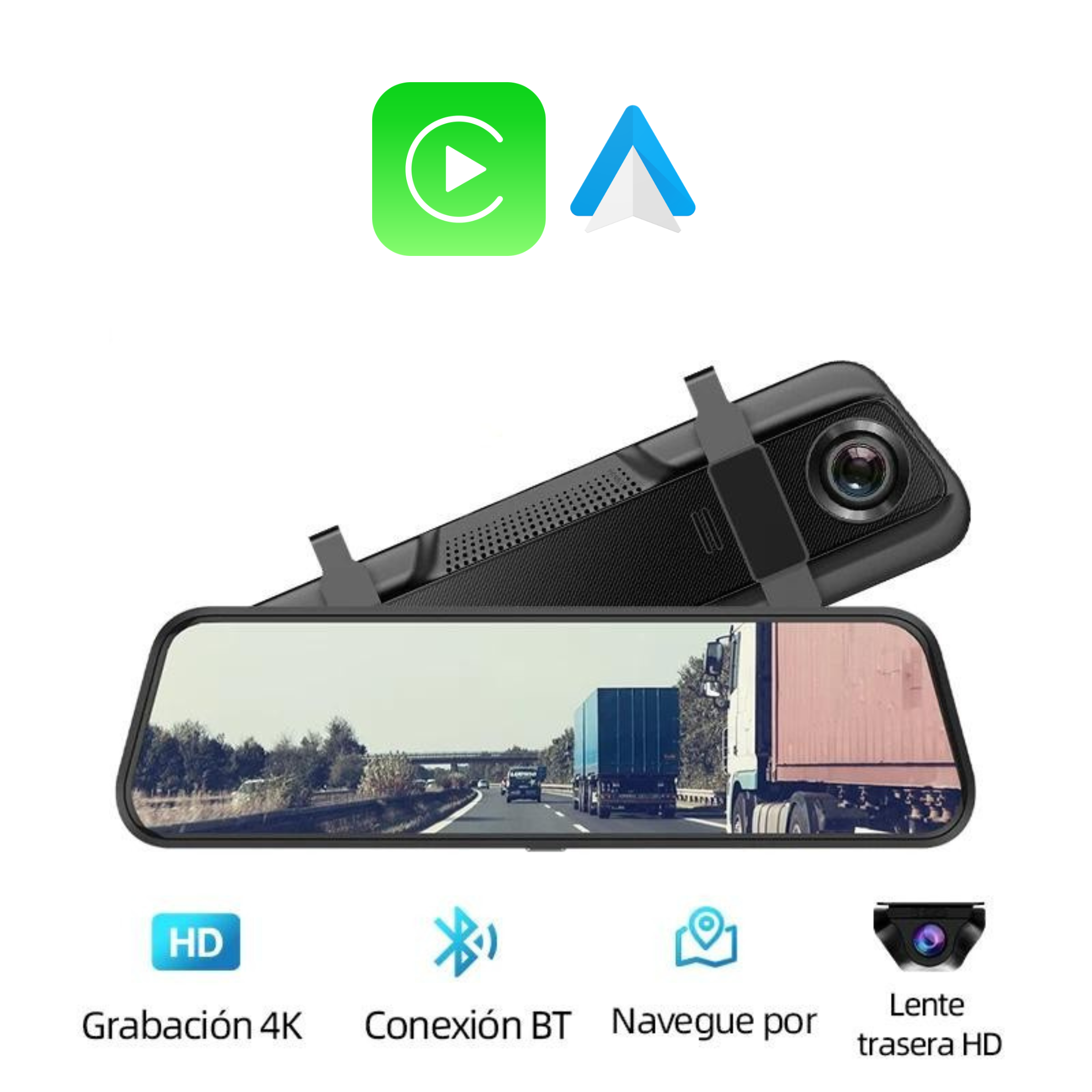 Espejo Retrovisor CarPlay y Android Auto Wireless — Pantalla Táctil 10" 4K con Dashcam ConnectDrive