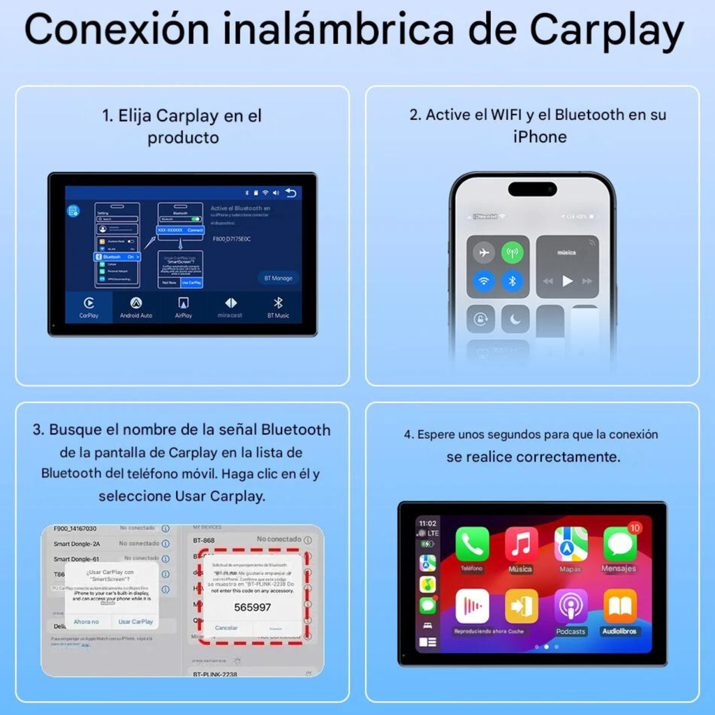 ConnectDrive Pantalla Táctil Coche 7 8 9 Pulgadas CarPlay Android Auto Inalámbrico Bluetooth 5.0 Montaje Magnético 360°