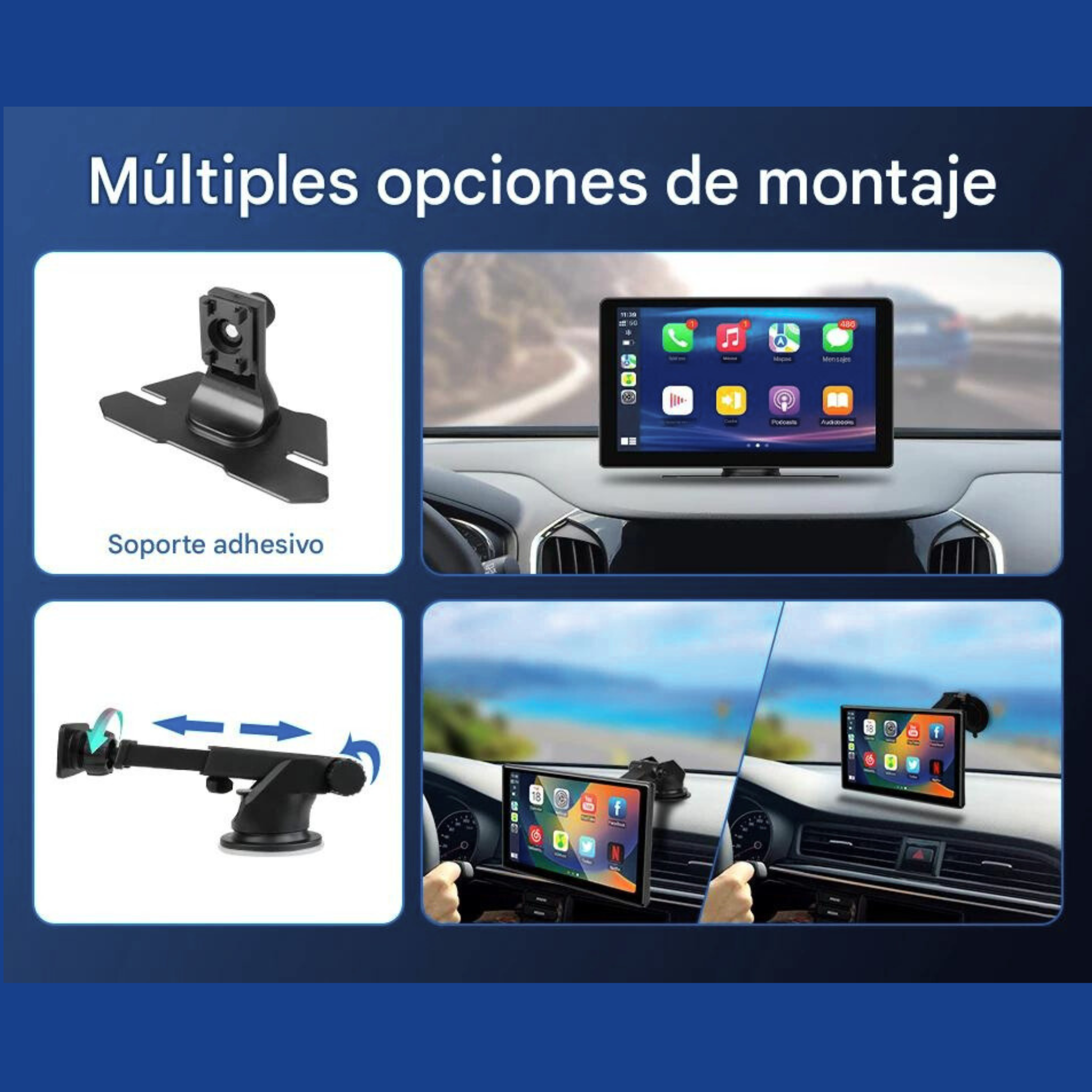 Pantalla CarPlay Android Auto 7 y 10 Pulgadas para Coche — Wireless, Doble Bluetooth, Ventosa 360°
