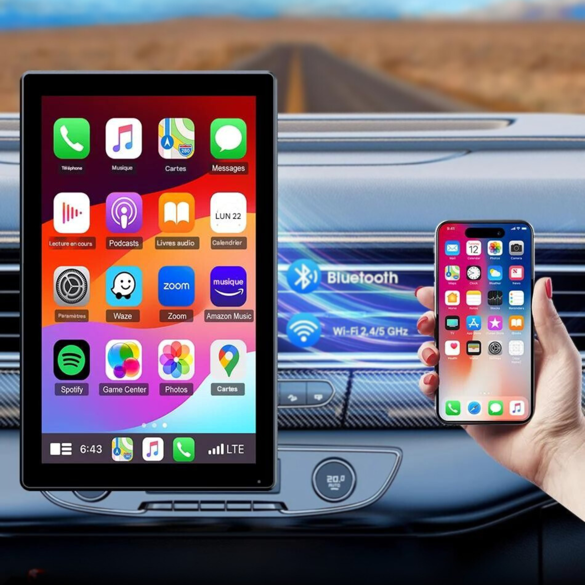 Aplicaciones GPS música llamadas pantalla táctil grande Google Maps Waze Spotify CarPlay Android Auto navegación mensajería podcasts asistentes voz sistema integrado