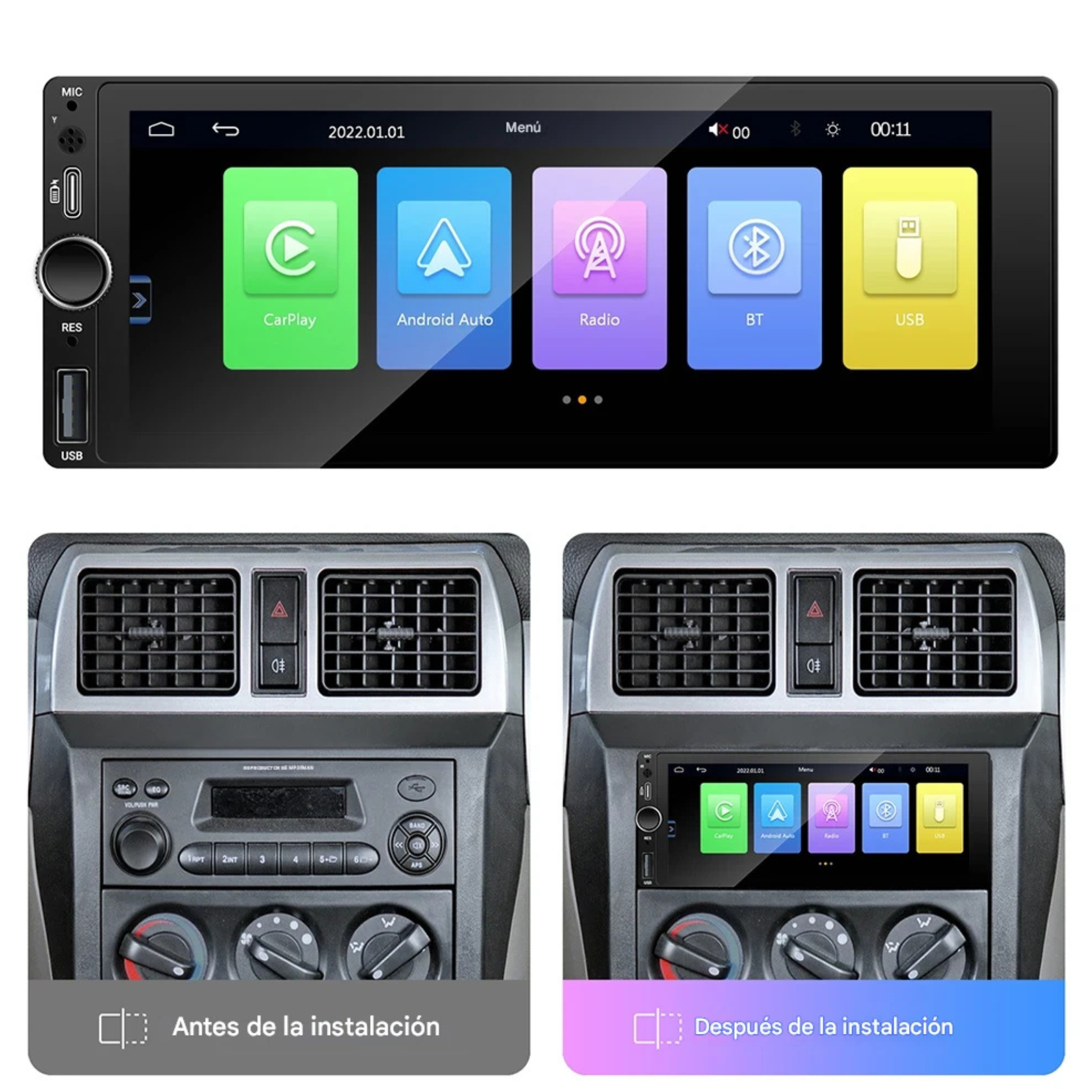 Autoradio 1 DIN CarPlay Android Auto pantalla táctil 6.86 integrado salpicadero universal