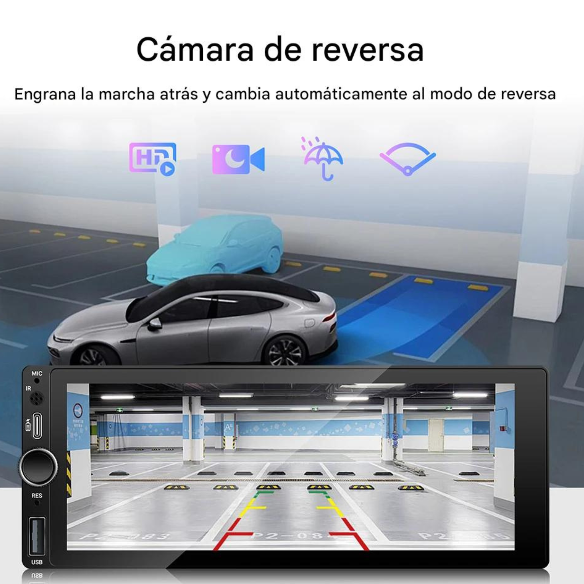 Cámara marcha atrás HD visión nocturna autoradio 1 DIN aparcamiento líneas guía coche