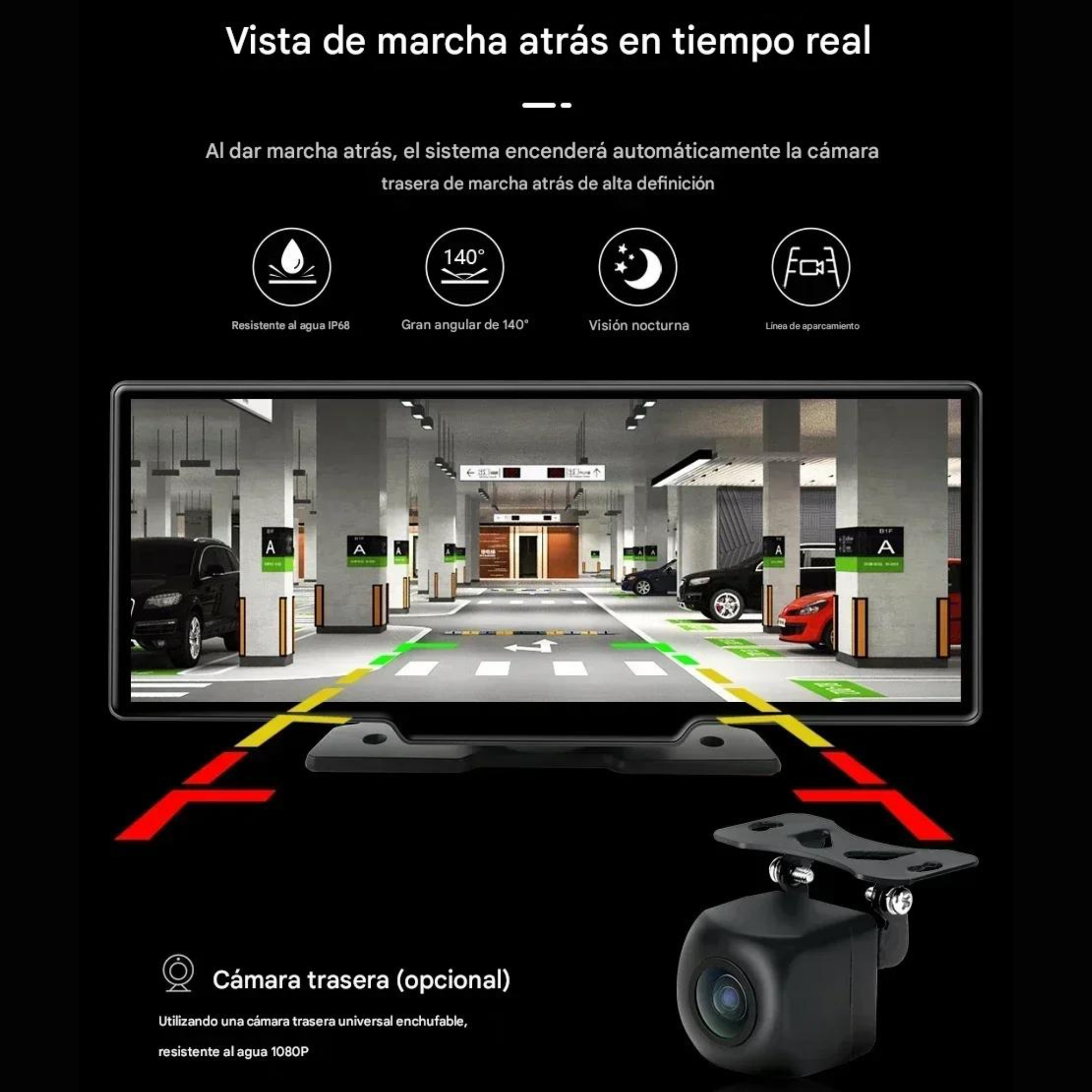 Cámara trasera 1080P visión nocturna aparcamiento pantalla CarPlay coche