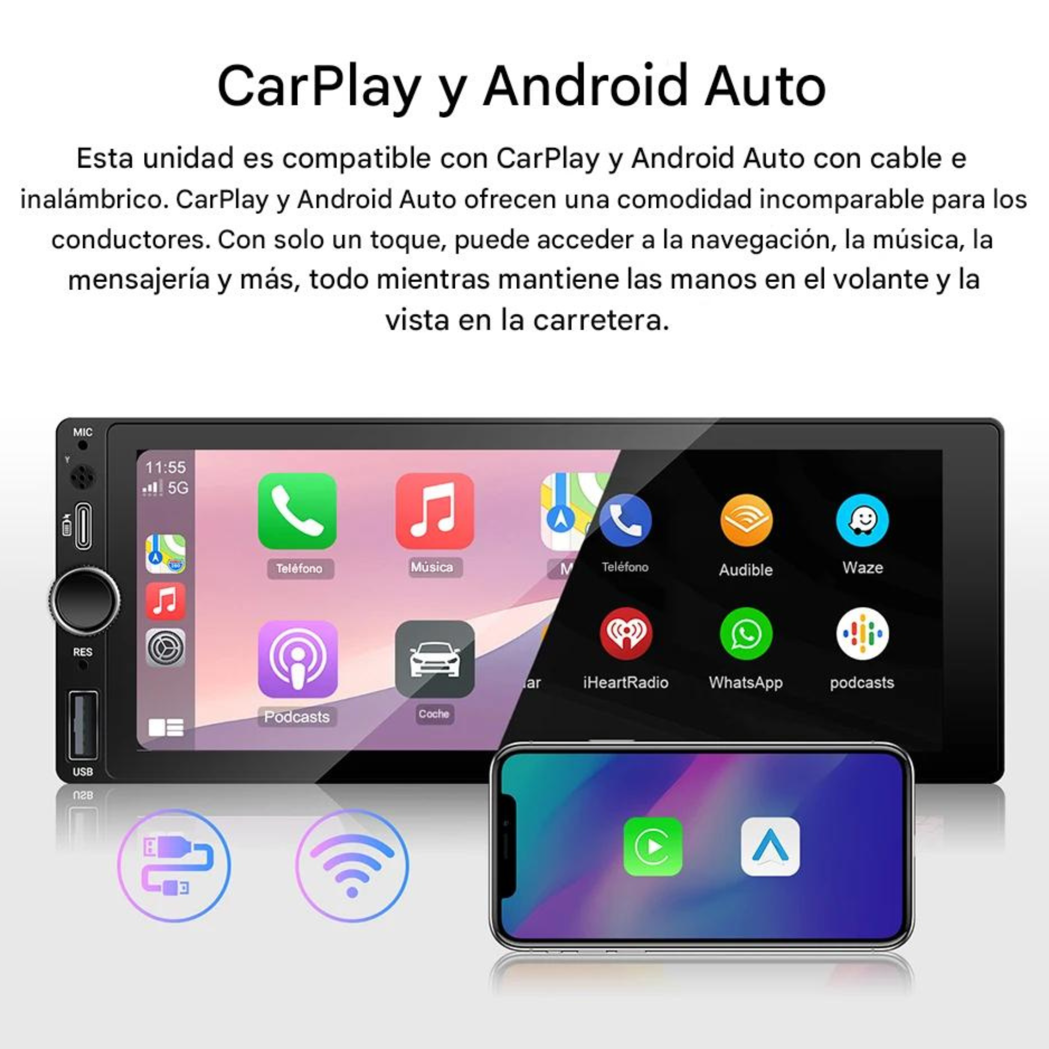 CarPlay inalámbrico Android Auto wireless autoradio 1 DIN pantalla coche conexión automática