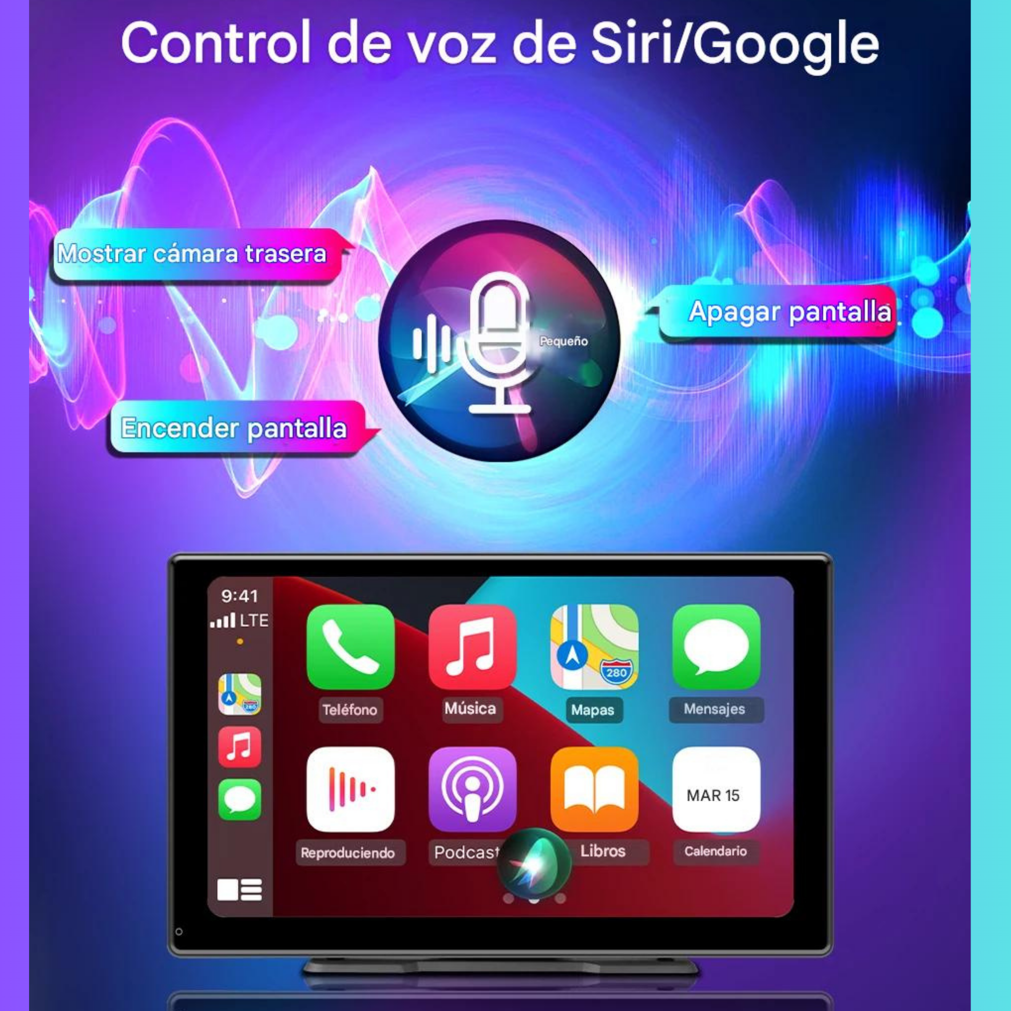 Comandos voz manos libres Siri Google Assistant navegación llamadas música Bluetooth micrófono normativa teléfono volante campo visión carretera