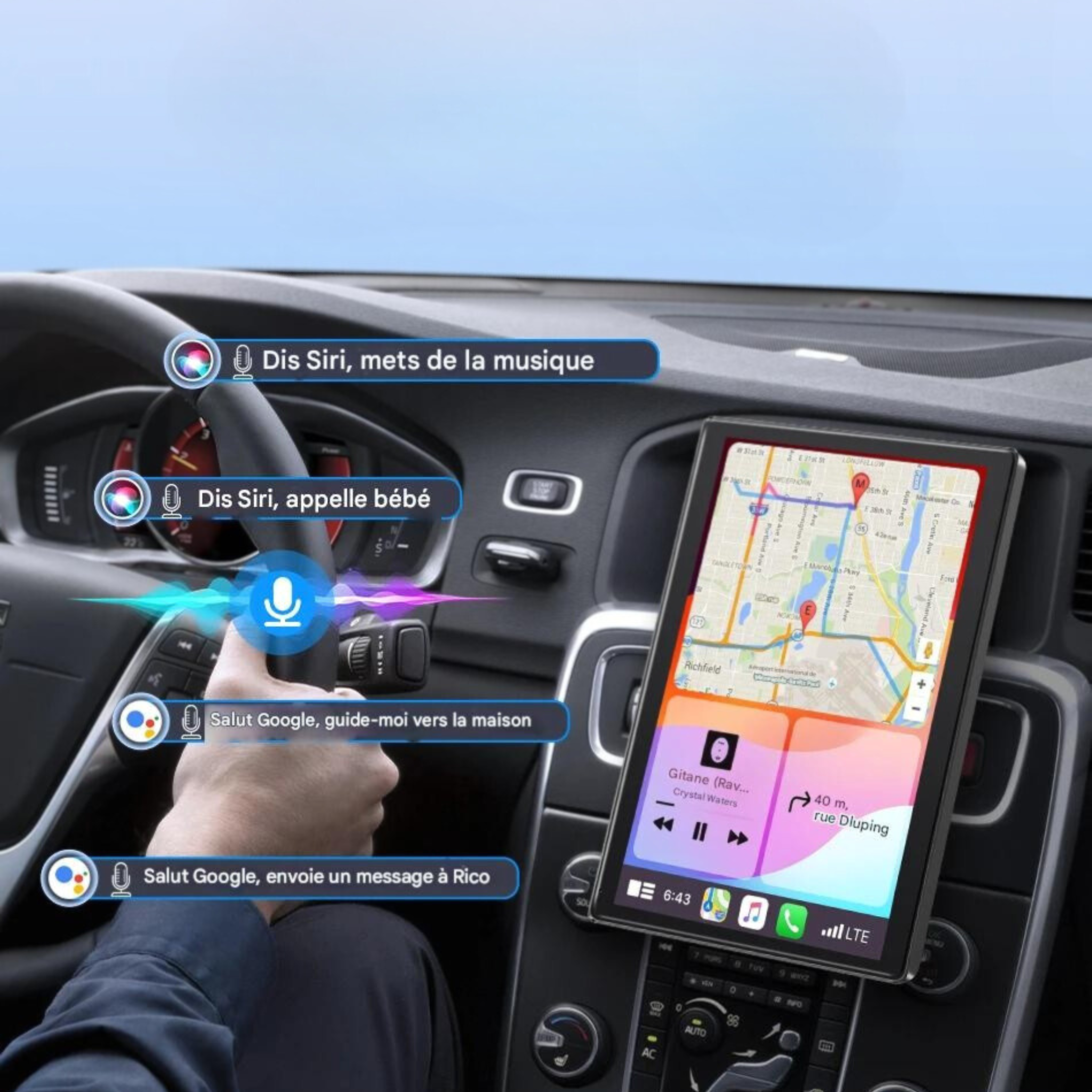 Conducción segura modo manos libres Siri Google Assistant música GPS teléfono Código Circulación volante control vocal táctil magnético 360 grados línea visión