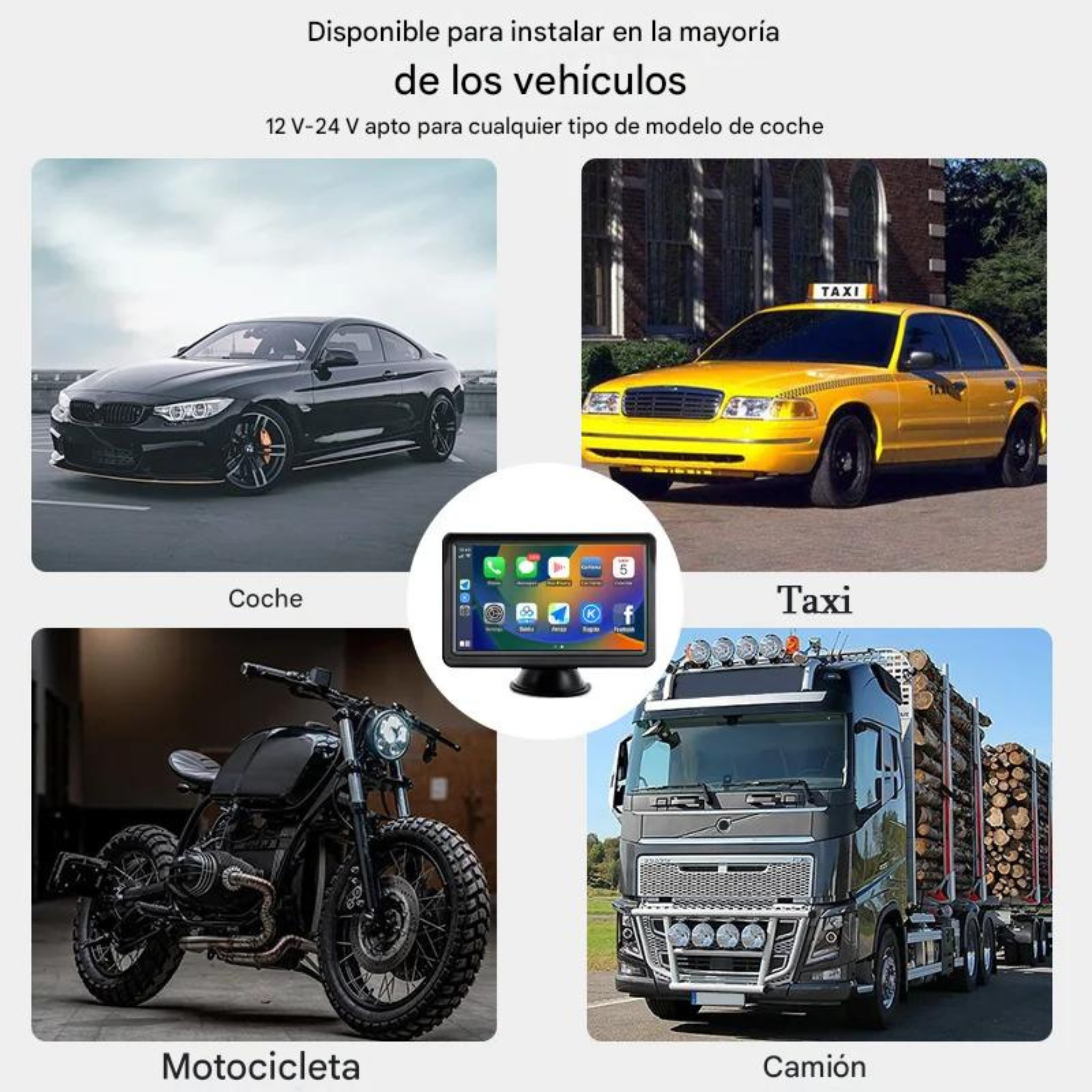  Incorporar CarPlay Android Auto vehículo actual pantalla smartphone GPS música llamadas salpicadero autorradio 12V 24V coches motos camiones