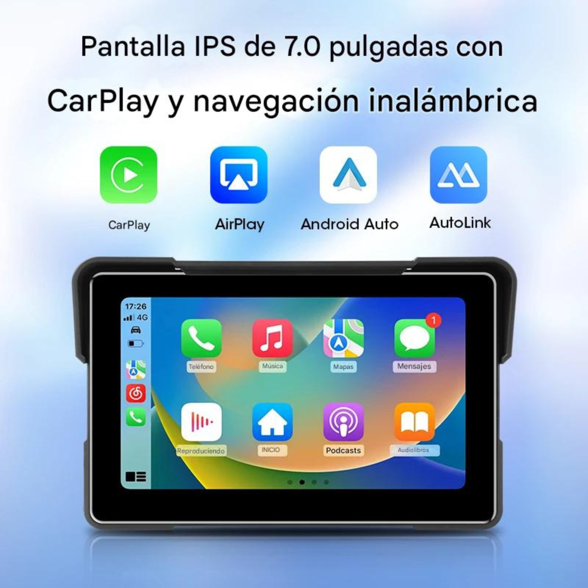 Pantalla CarPlay moto 800 nits legible sol pleno navegación control voz Siri manillar