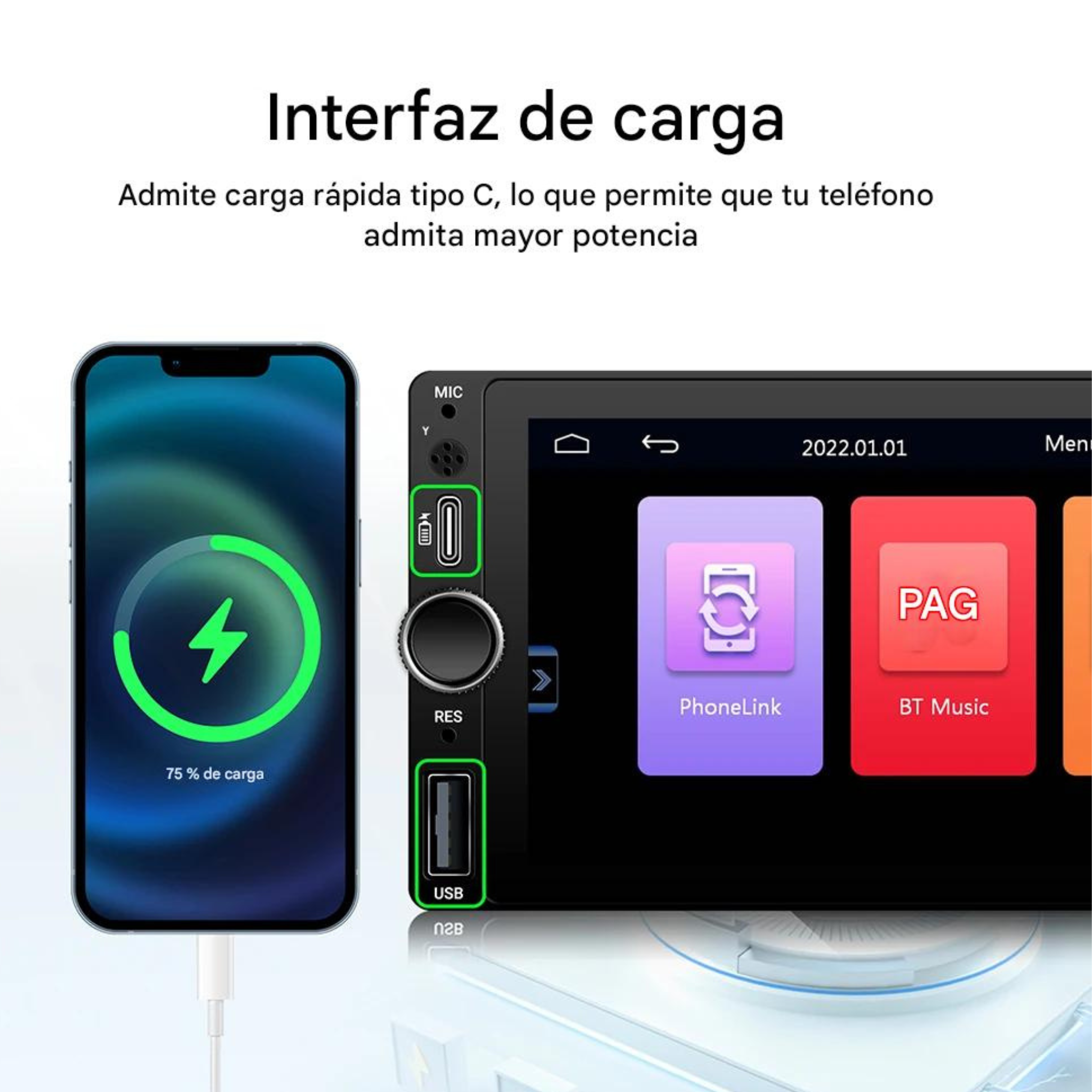 Radio FM autoradio 1 DIN USB multimedia MicroSD Type-C carga rápida pantalla táctil coche