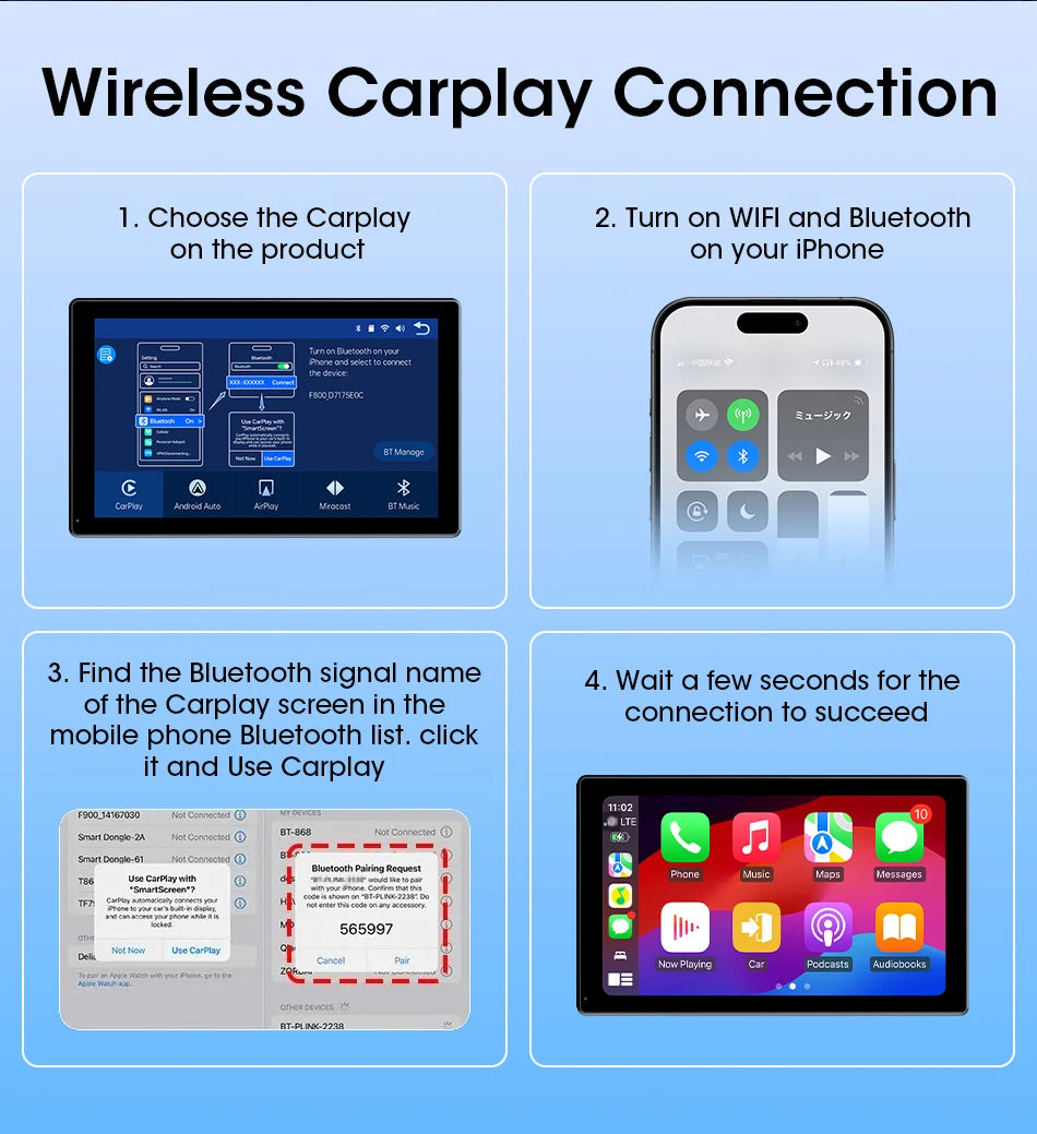 ConnectDrive Pantalla Táctil Coche 7 8 9 Pulgadas CarPlay Android Auto Inalámbrico Bluetooth 5.0 Montaje Magnético 360°