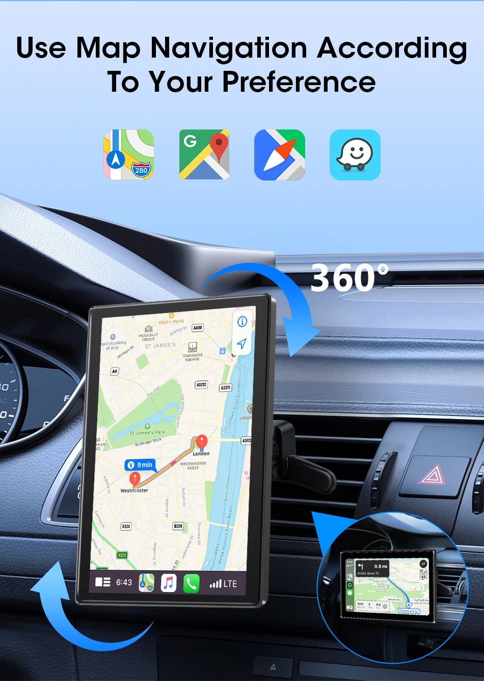 ConnectDrive Pantalla Táctil Coche 7 8 9 Pulgadas CarPlay Android Auto Inalámbrico Bluetooth 5.0 Montaje Magnético 360°