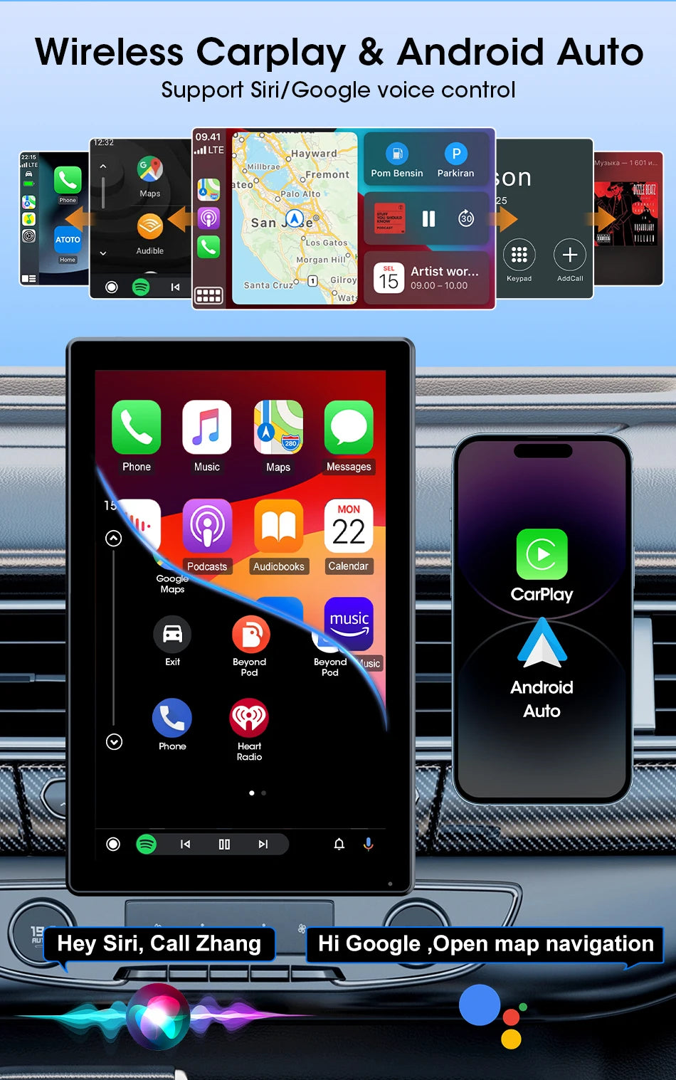 ConnectDrive Pantalla Táctil Coche 7 8 9 Pulgadas CarPlay Android Auto Inalámbrico Bluetooth 5.0 Montaje Magnético 360°