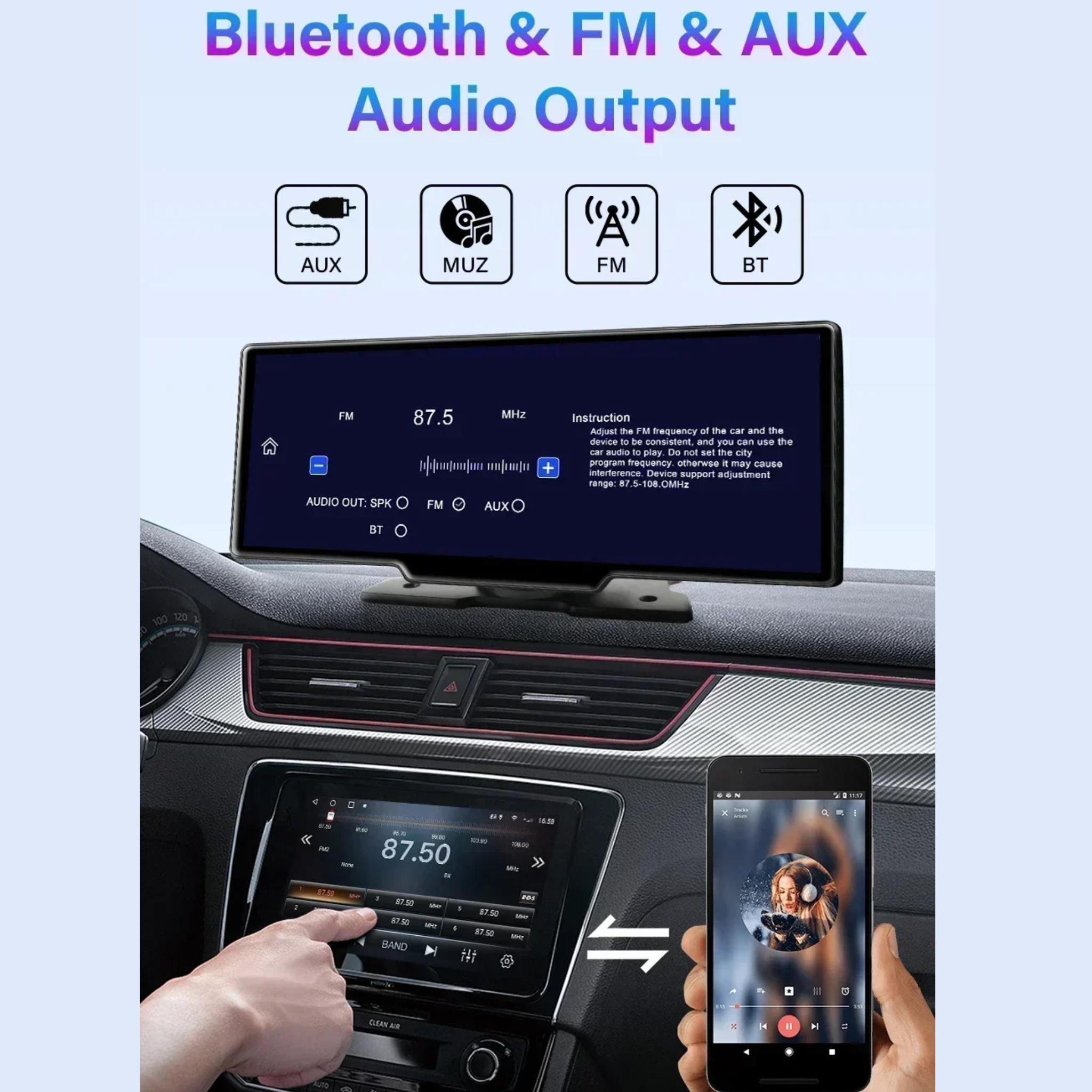 Salida audio Bluetooth AUX transmisor FM pantalla CarPlay Android Auto coche